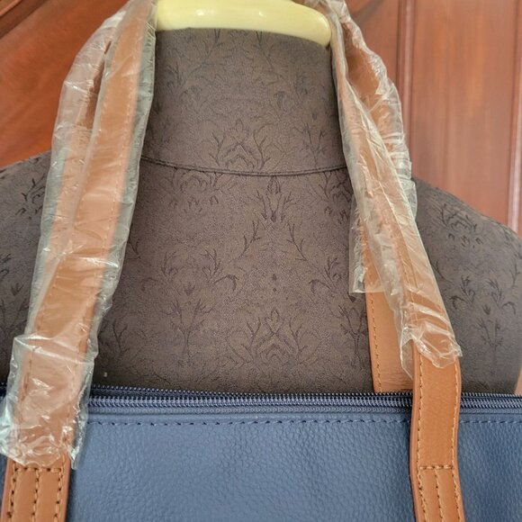 Joy Mangano Blue Leather Tote Bag With Brown Handles - Picture 3 of 12